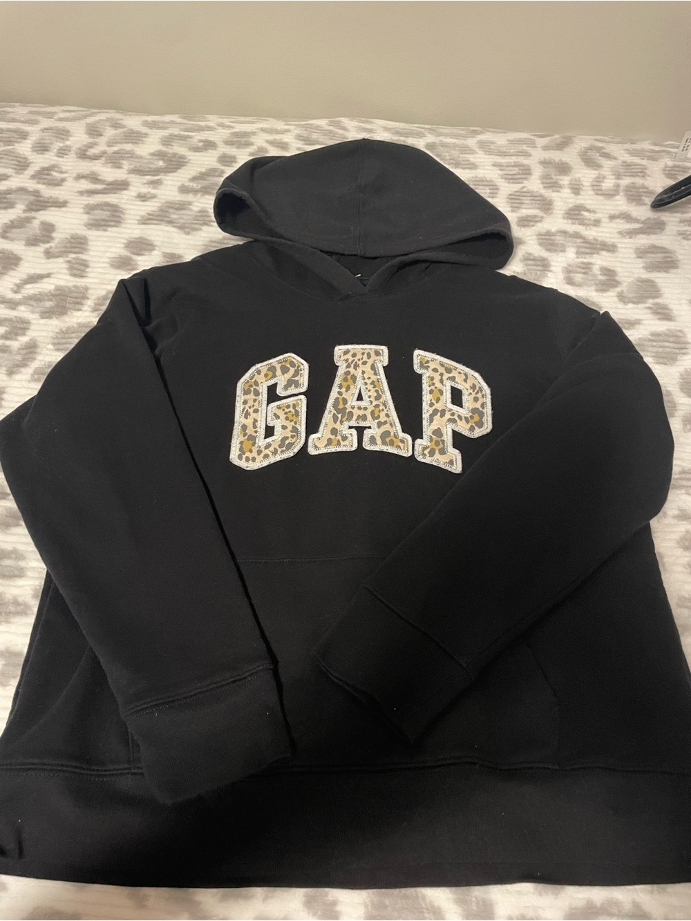 GAP Black Crewneck Hoodie with Leopard-Print Logo